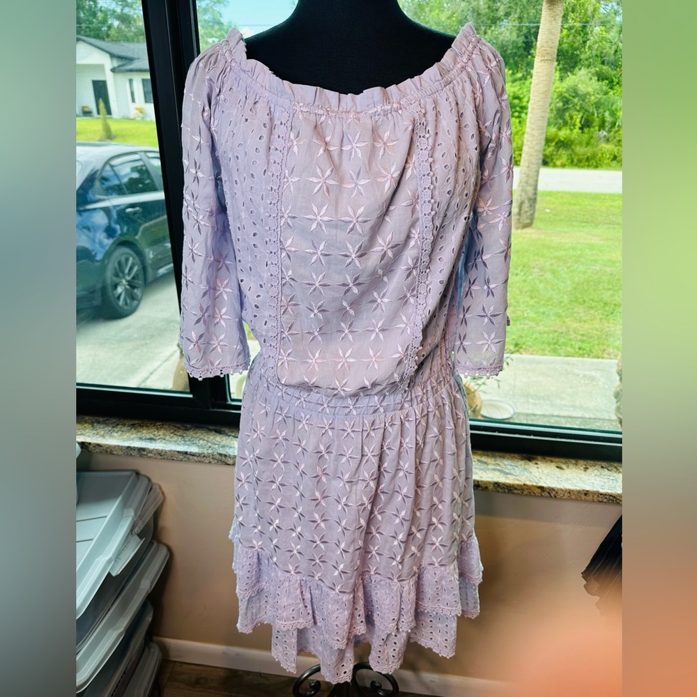 Boston Proper Lavender Eyelet Ruffled Hem  100% Cotton Dress Size Medium
